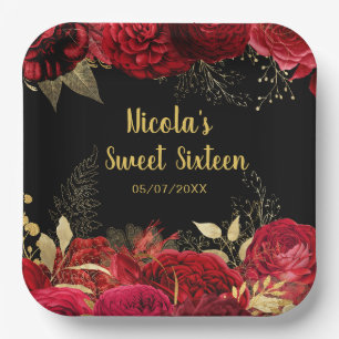 Elegant Red and Gold Flowers Sweet Sixteen  Paper Plate
