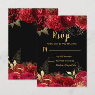 Elegant Red and Gold Flowers Sweet Sixteen RSVP Card
