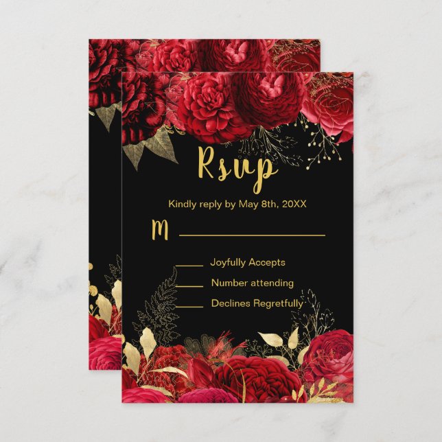 Elegant Red and Gold Flowers Sweet Sixteen RSVP Card (Front/Back)