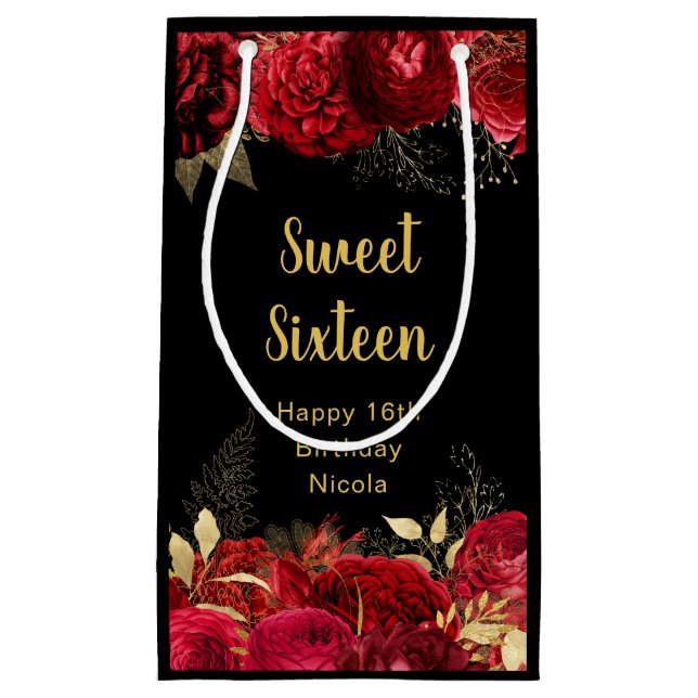 Elegant Red and Gold Flowers Sweet Sixteen  Small Gift Bag (Front)