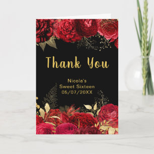 Elegant Red and Gold Flowers Sweet Sixteen Thank You Card