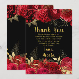 Elegant Red and Gold Flowers Sweet Sixteen Thank You Card