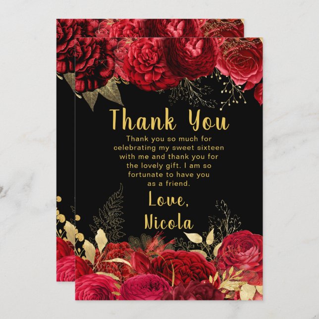 Elegant Red and Gold Flowers Sweet Sixteen Thank You Card (Front/Back)
