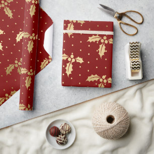 Elegant Red and Gold Foil Christmas Holly Pattern Wrapping Paper