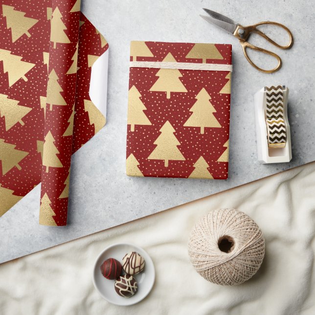 Elegant Red and Gold Foil Christmas Tree Pattern Wrapping Paper (Crafts)