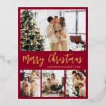 Elegant Red and Gold Foil Script Holiday Postcard<br><div class="desc">Elegant Calligraphy Minimalist Red and Gold Foil Script 4 Photo Collage Merry Christmas Holiday Postcard. This festive, mimimalist, whimsical four (4) photo holiday card template features a pretty photo collage. The „Merry Christmas” greeting text is written in a beautiful hand lettering brush script font type in gold on burgundy red...</div>