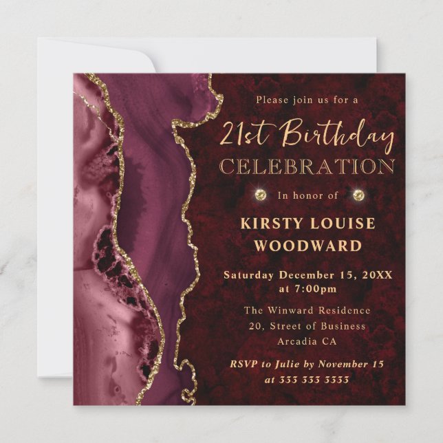 Elegant Red and Gold Glitter Agate 21st Birthday Invitation (Front)