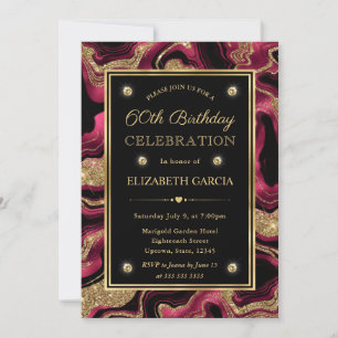 Elegant Red and Gold Glitter Agate 60th Birthday Invitation