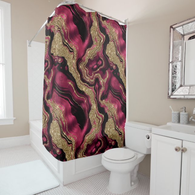 Elegant Red and Gold Glitter Agate Pattern Shower Curtain (In Situ)