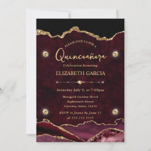 Elegant Red and Gold Glitter Agate Quinceanera Invitation