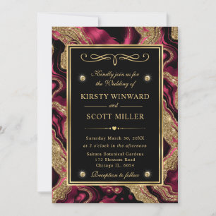 Elegant Red and Gold Glitter Agate Wedding Invitation