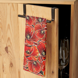Elegant Red and Gold Glitter Remembrance Poppies Tea Towel