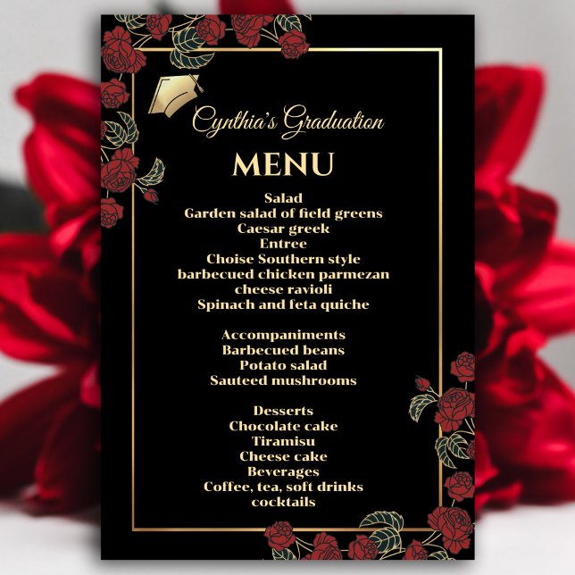 Elegant Red and Gold Graduation Menu Invitation (Elegant Red and Gold Graduation Menu Invitation #dinnerparty #graduationmenu #zazzlemade #redfloral)