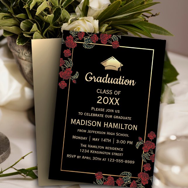 Elegant Red and Gold Graduation Party Invitation (Celebrate your success in elegance! Our Elegant Red and Gold Graduation Party Invitation is adorned )