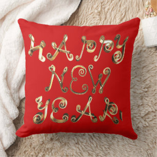 Elegant Red and Gold Handwriting Happy New Year Cushion