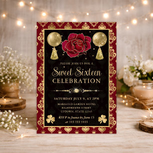 Elegant Red and Gold Heart Damask Sweet Sixteen Invitation