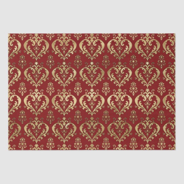 Elegant Red and Gold Hearts Valentine's Damask Tissue Paper (Front)