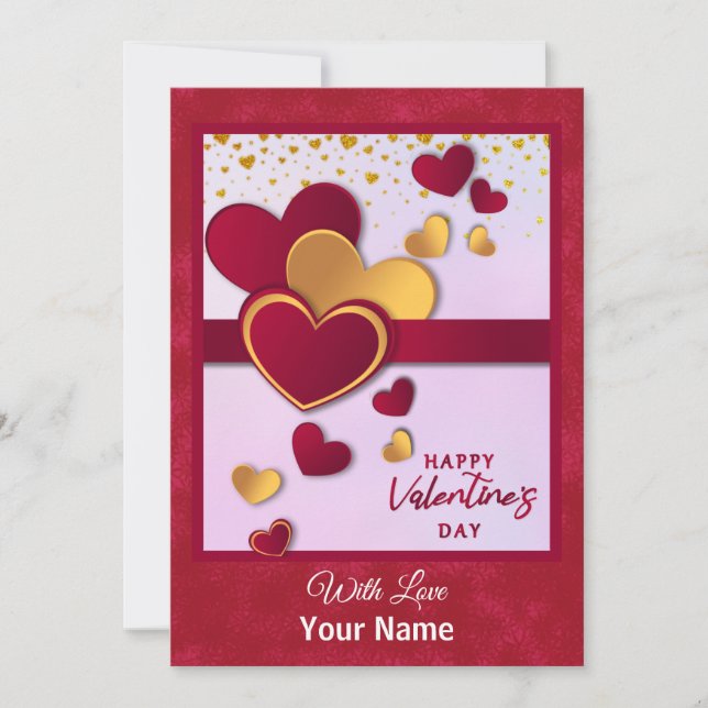 Elegant Red and Gold Hearts Valentine's Day Design Holiday Card (Front)