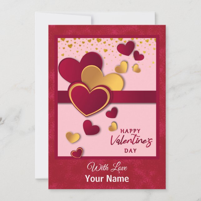 Elegant Red and Gold Hearts Valentine's Day Design Holiday Card (Front)