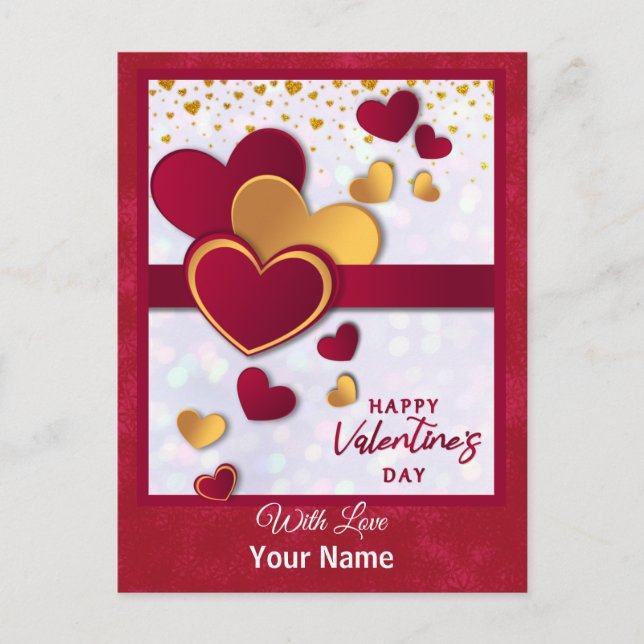 Elegant Red and Gold Hearts Valentine's Day Design Holiday Postcard (Front)