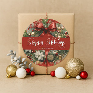 Elegant Red and Gold Holiday Wreath Round Sticker