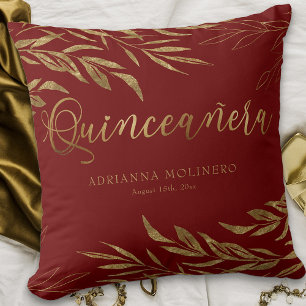 Elegant Red and Gold Leaf Personalised Quinceanera Cushion