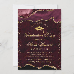 Elegant Red and Gold Marble Agate Graduation Invitation