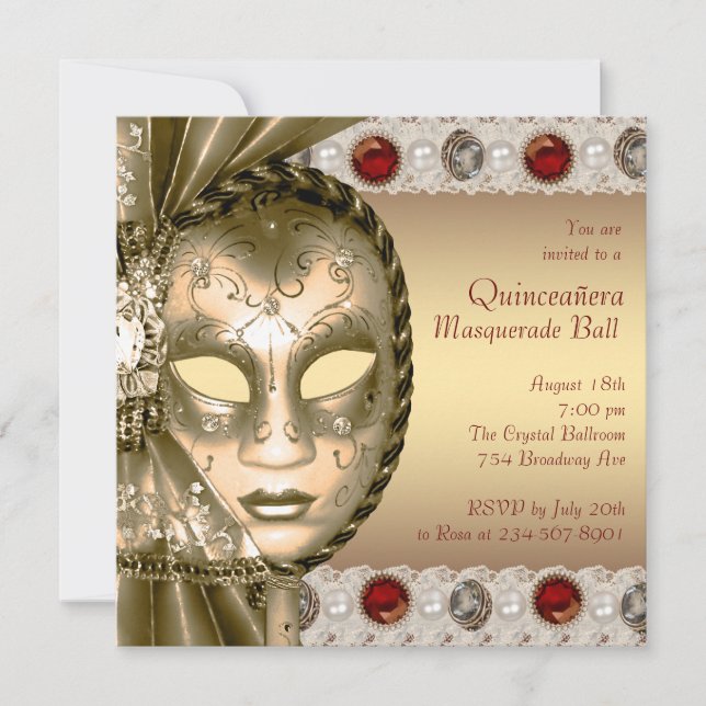 Elegant Red and Gold Masquerade Party Invitation (Front)