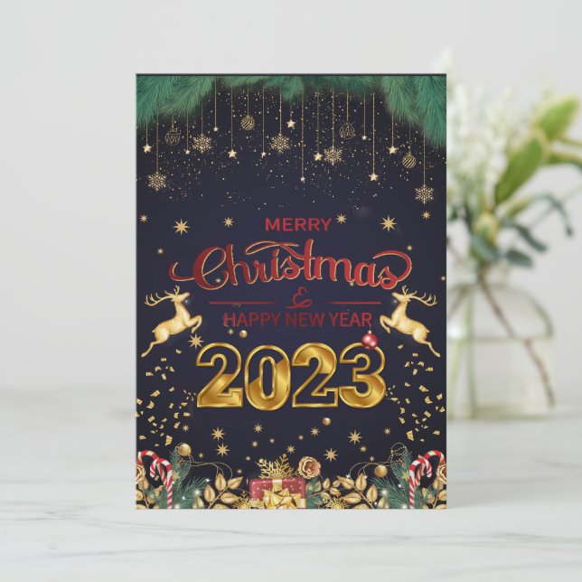 Elegant Red And Gold Merry Christmas 2023 Holiday Card (Standing Front)