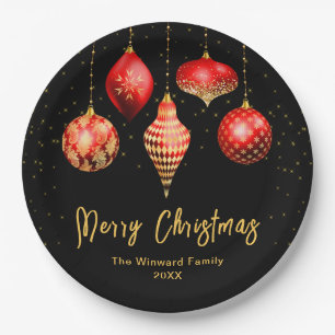 Elegant Red and Gold Ornament Christmas Paper Plate