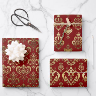 Elegant Red and Gold Ornate Hearts Damask Wrapping Paper Sheet