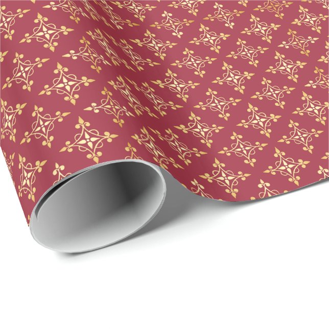 Elegant Red and Gold Quatre Floral Festive Damask Wrapping Paper (Roll Corner)