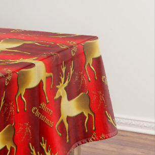 Elegant Red and Gold Reindeer Christmas Tablecloth