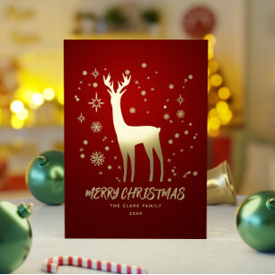 Elegant Red and Gold Reindeer Merry Christmas Foil Holiday Card