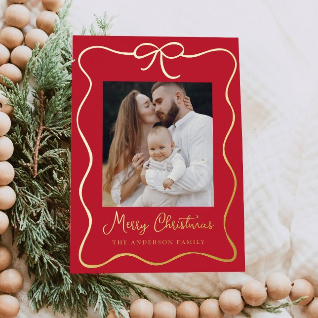 Elegant Red and Gold Ribbon Bow 2 Photo Foil Holiday Card (Creator Uploaded)