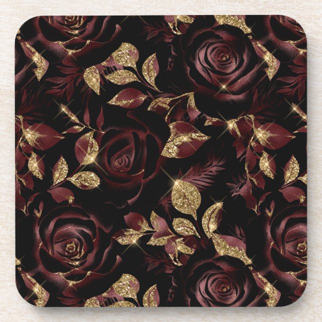 Elegant Red and Gold Rose Floral Pattern Coaster (Front)
