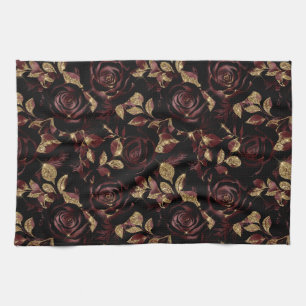 Elegant Red and Gold Rose Floral Pattern Tea Towel