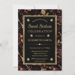 Elegant Red and Gold Rose Floral Sweet 16 Invitation