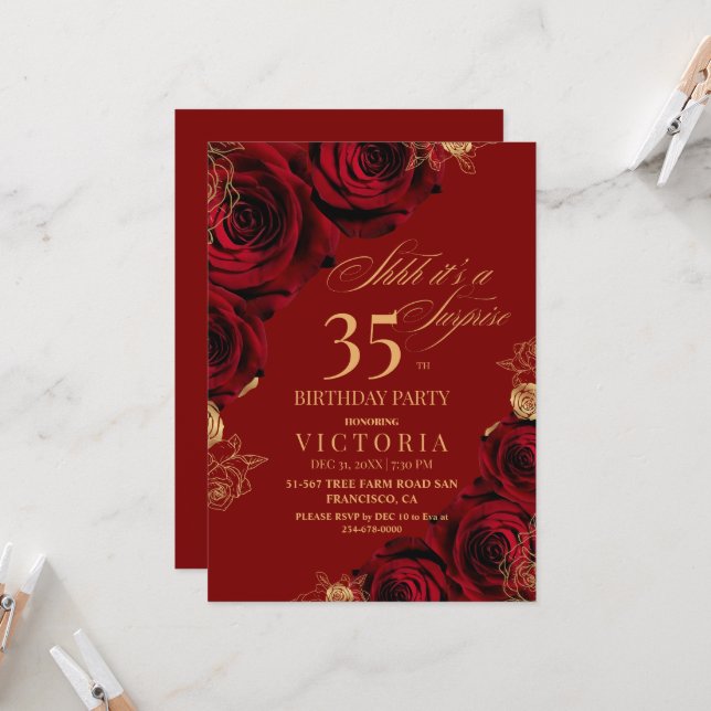 Elegant Red and Gold Roses 35th Birthday  Invitation (Front/Back In Situ)