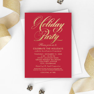 Elegant Red and Gold Script Holiday Party Invitation