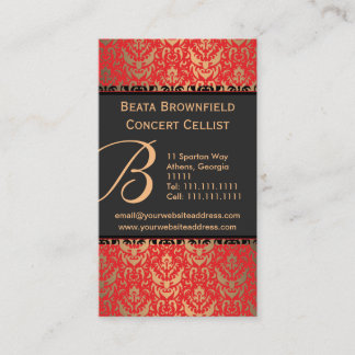 Elegant Red and Gold Shimmer Damask Musician's Business Card
