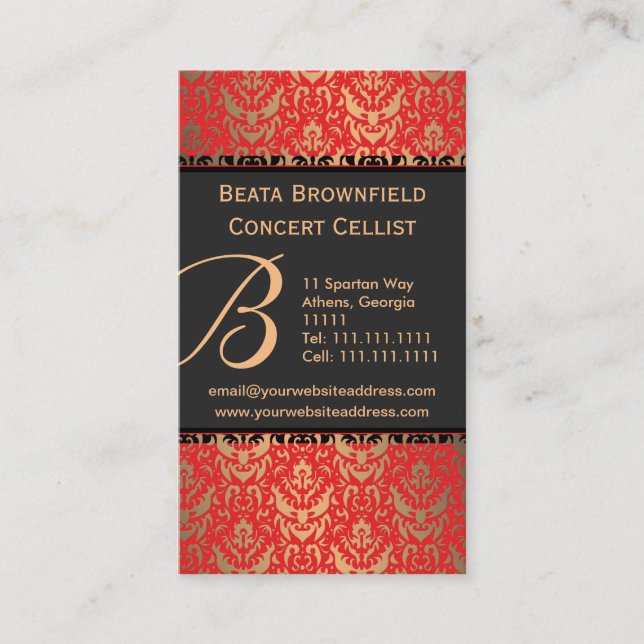 Elegant Red and Gold Shimmer Damask Musician's Business Card (Front)
