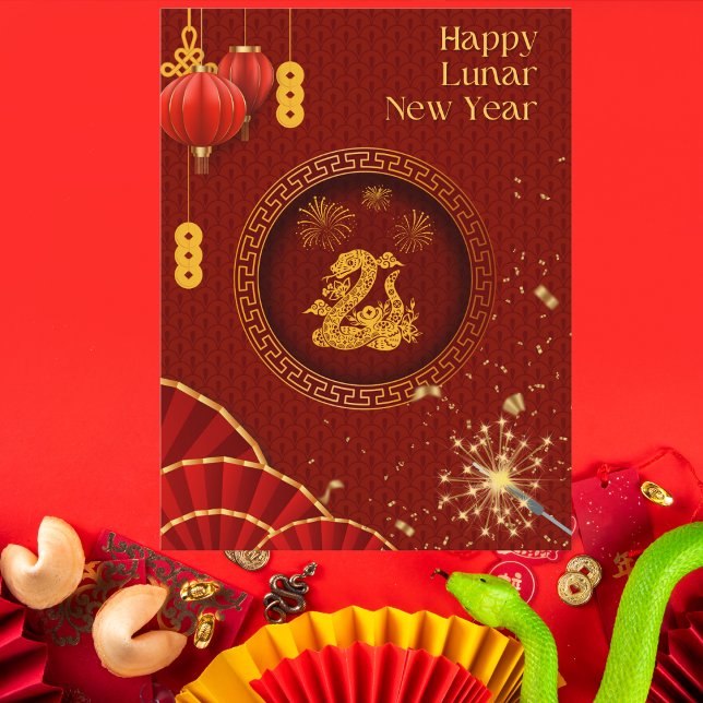 Elegant Red and Gold Snake Lunar New Year Postcard (Creator Uploaded)