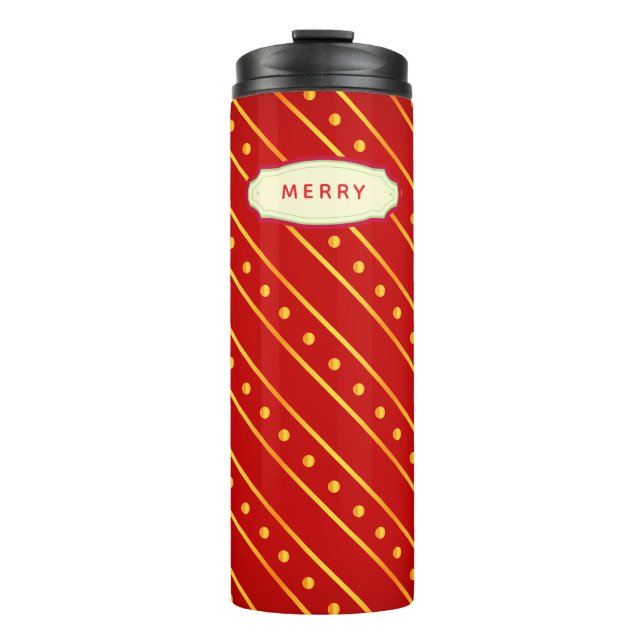 Elegant Red and Gold Stripe & Dots Christmas Thermal Tumbler (Front)