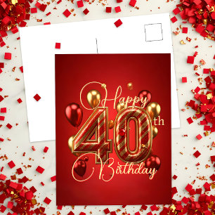 Elegant Red and Gold Striped 40th Birthday Postcard