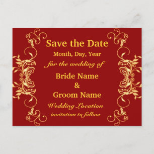 Elegant Red And Gold Swirls Save The Date Announcement Postcard