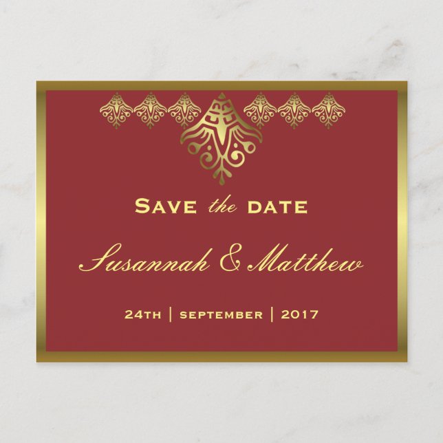 Elegant Red and Gold Wedding Announcement Postcard (Front)