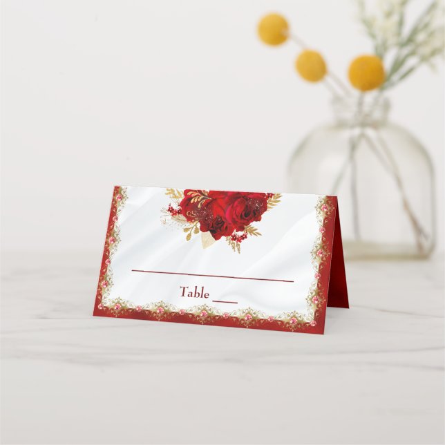 Elegant Red and Gold Wedding Roses Place Card (Front)