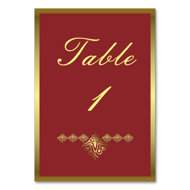 Elegant Red and Gold Wedding Table Table Number (Front)