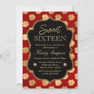 Elegant Red and Gold Winter Poinsettia Sweet 16 Invitation